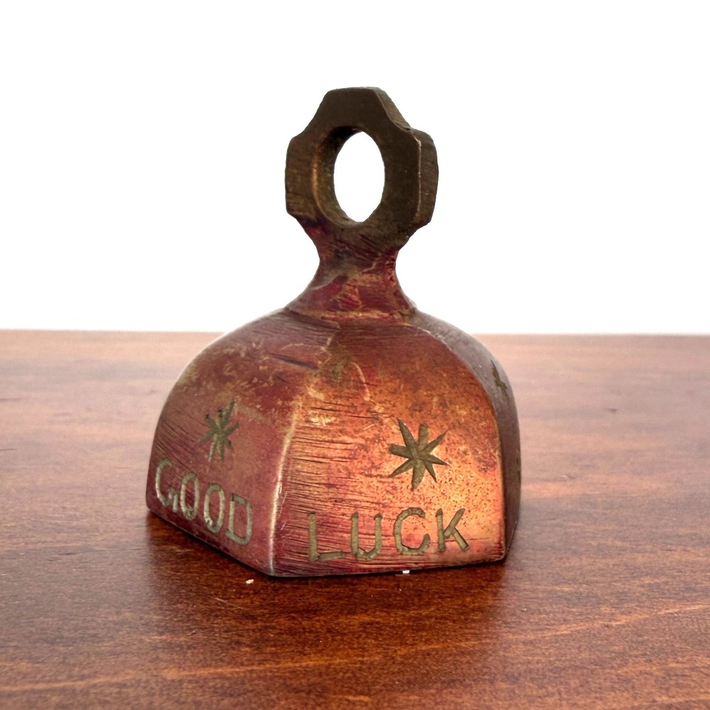 Vintage Brass Good Luck Bell Etched Starburst Hexagon Best Wishes Charm 2 Inch